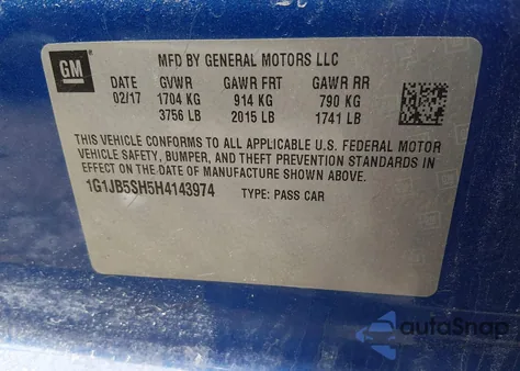 2017 Chevrolet Sonic Ls Auto z USA, uszkodzony, nr VIN 1G1JB5SH5H4143974